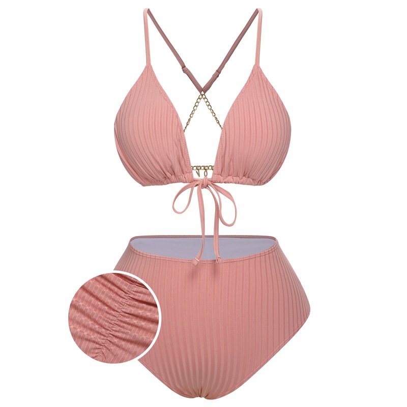[Plus Size] Pink 1950s Solid Pleated Bikini Set