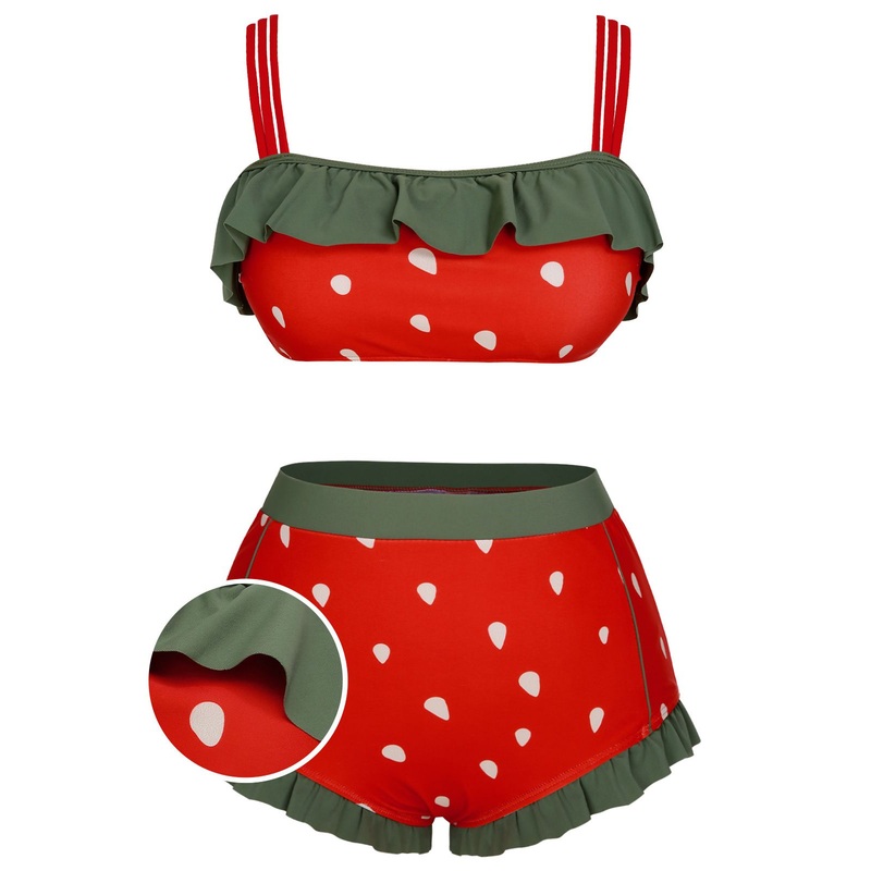 [Plus Size] Red 1950s Strawberry Ruffle Strap Swimsuit