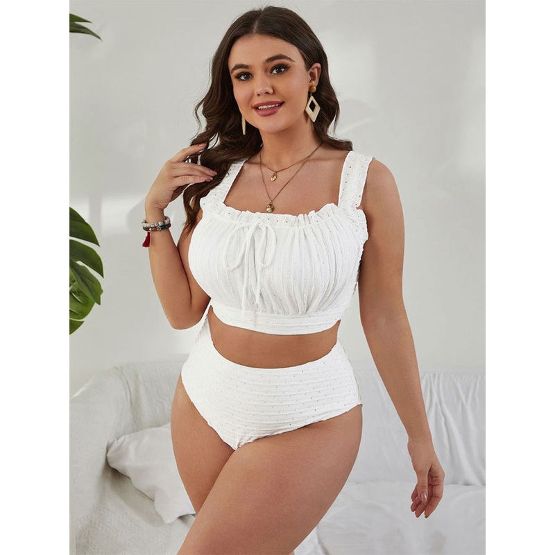 [Plus Size] White 1950s Solid Ruffle Lace-Up Swimsuit