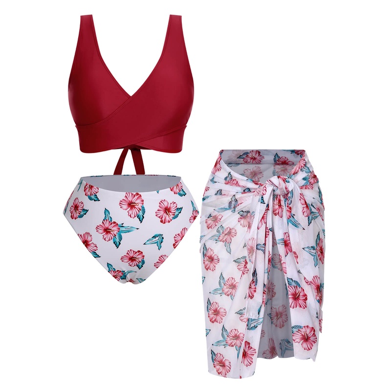 [Plus Size] Wine Red 1930s Floral Bikini Set & Cover-Up