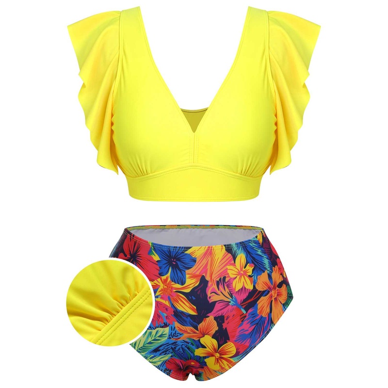 [Plus Size] Yellow 1940s Ruffles Floral Swimsuit