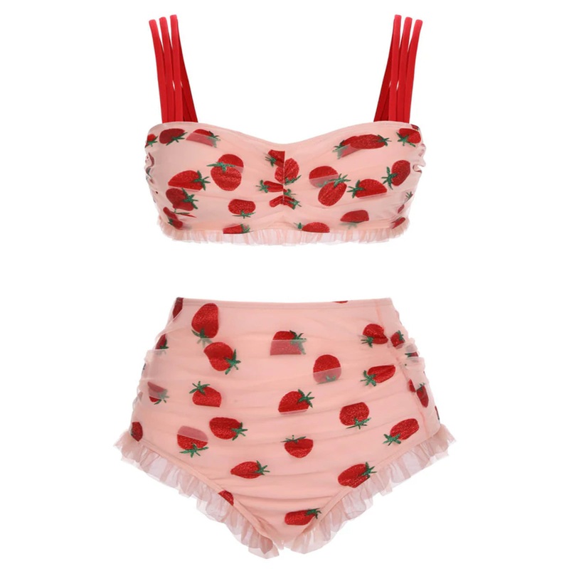 [Plus Size] 1950s Lace Strawberry Cami Tankini Set