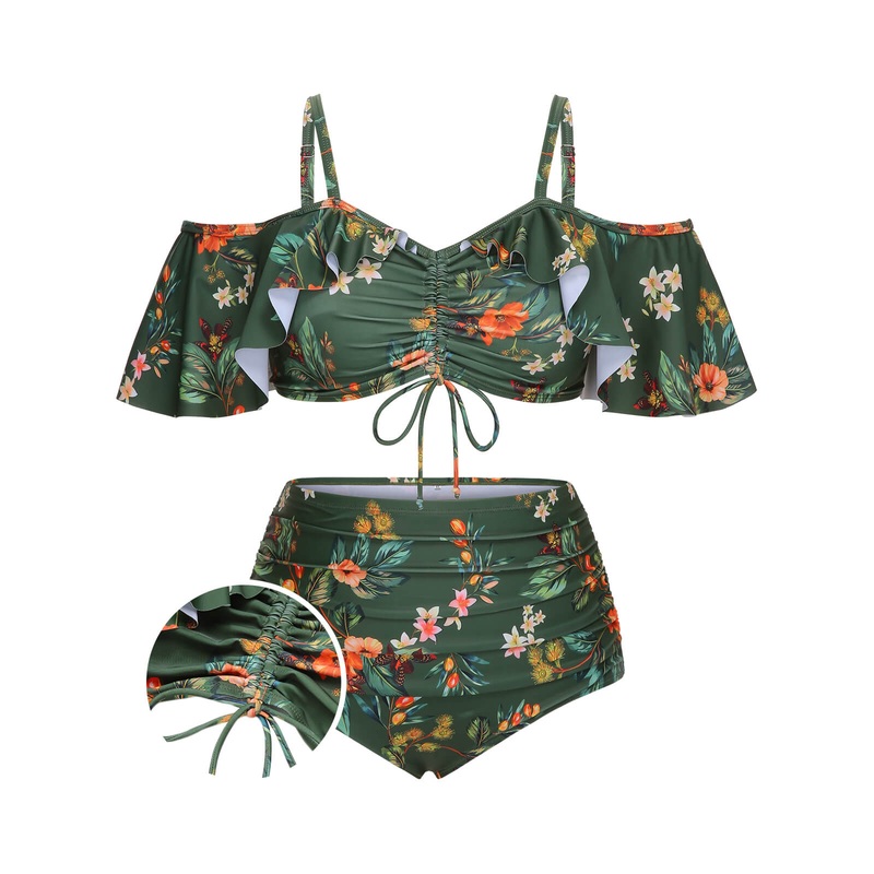 [Plus Size] Green 1950s Floral Drawstring Swimsuit Set