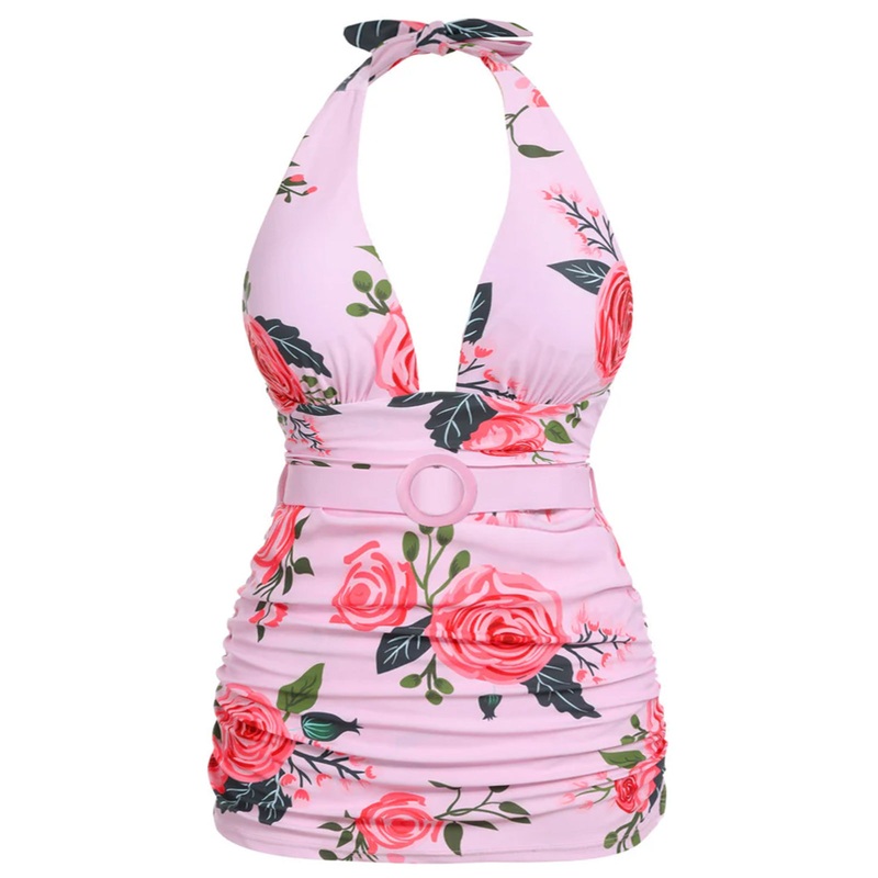 [Plus Size] Pink 1930s Roses Halter Belt Swimsuit