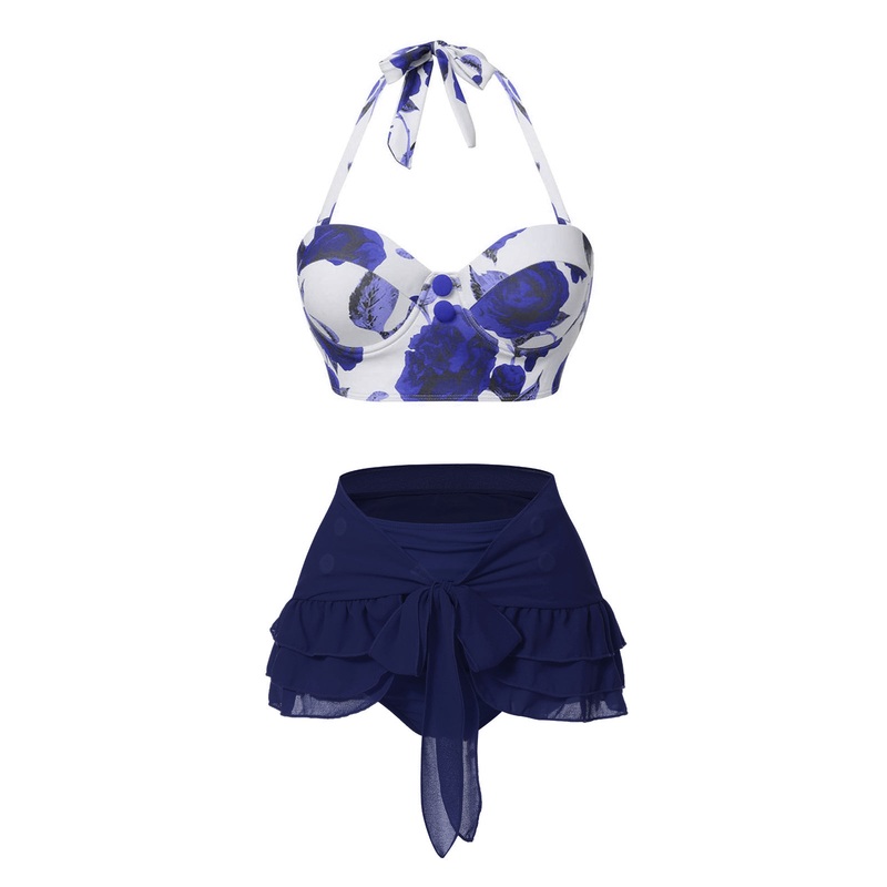 [Pre-Sale] 2PCS Blue 1960s Roses Halter Swimsuit & Skirt Cover-Up
