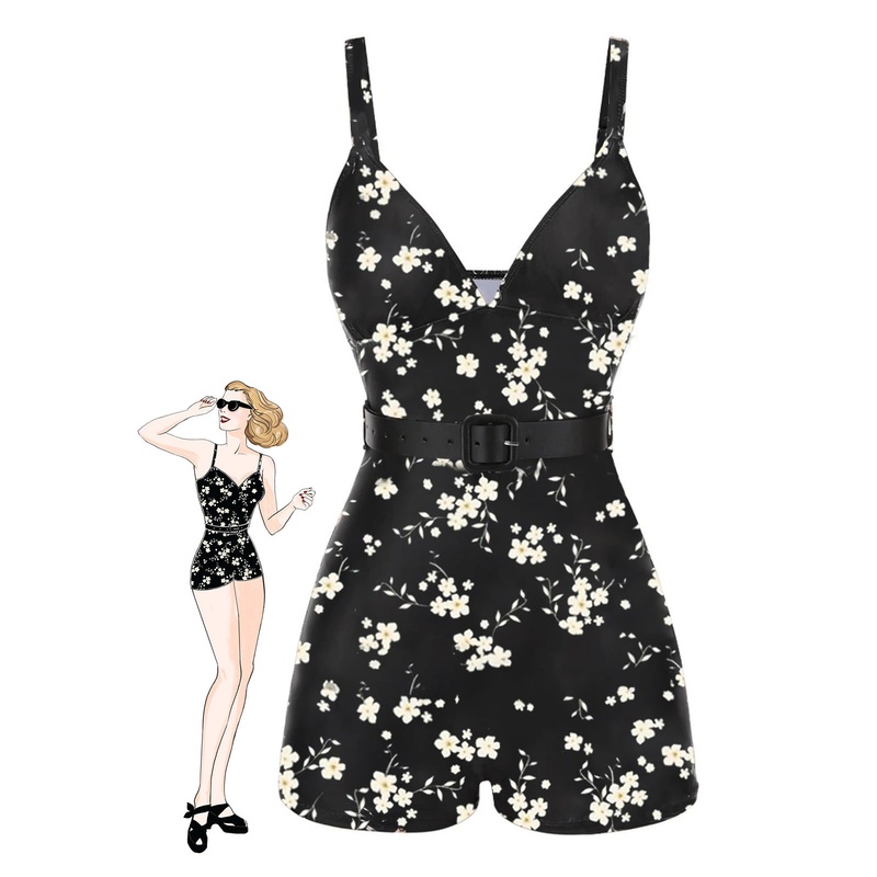 [Pre-Sale] Black 1940s Floral Boxer Straps Swimsuit
