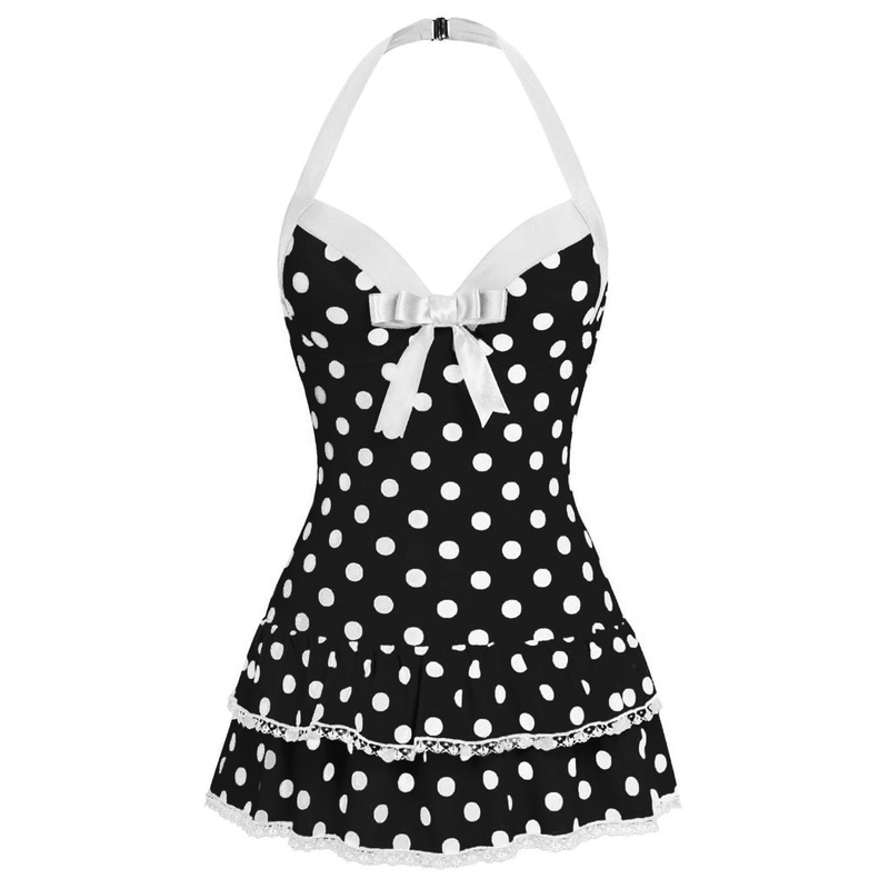 [Pre-Sale] Black 1940s Halter Polka Dots Bow One-Piece Swimsuit