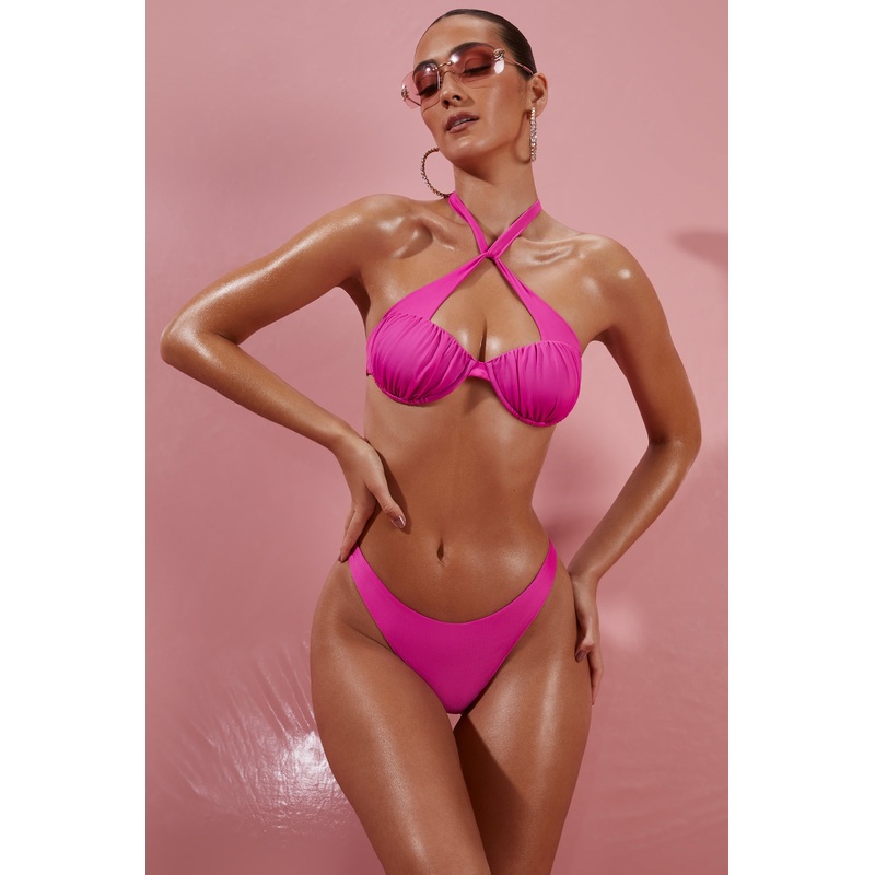 Give Me Fever Ruched Twist Bikini Top in Dark Pink