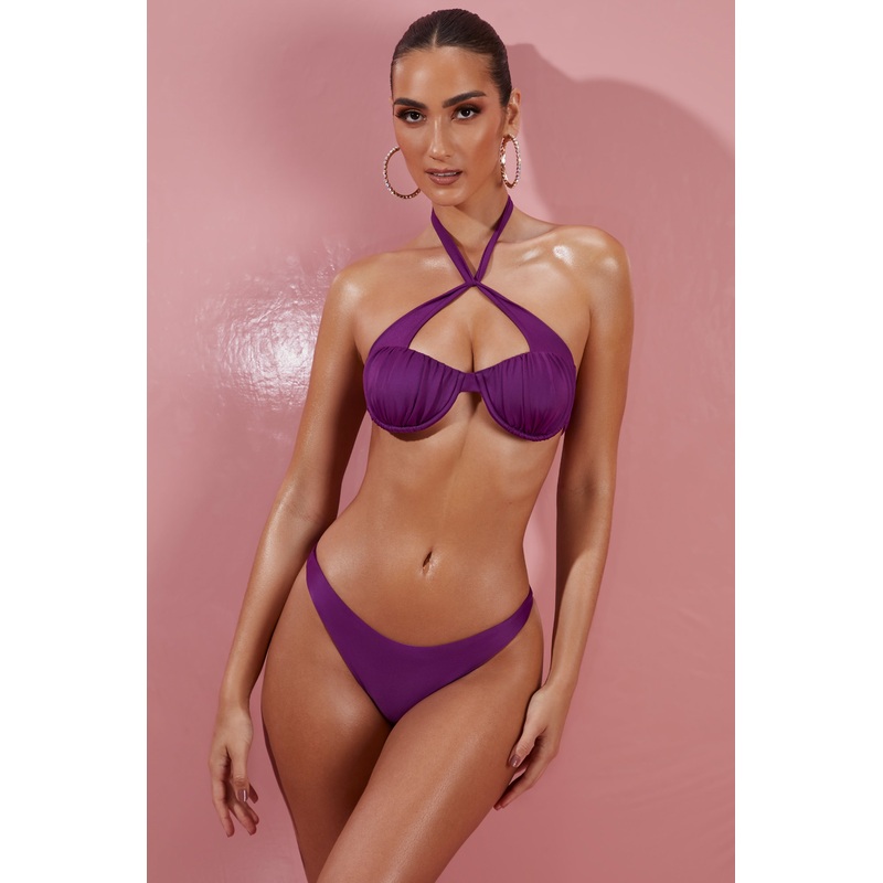 Give Me Fever Ruched Twist Bikini Top in Purple