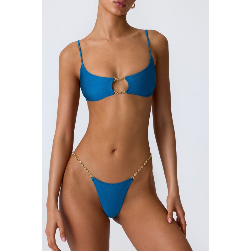 Chain-Embellished Thong Bikini Bottoms in Ocean Blue