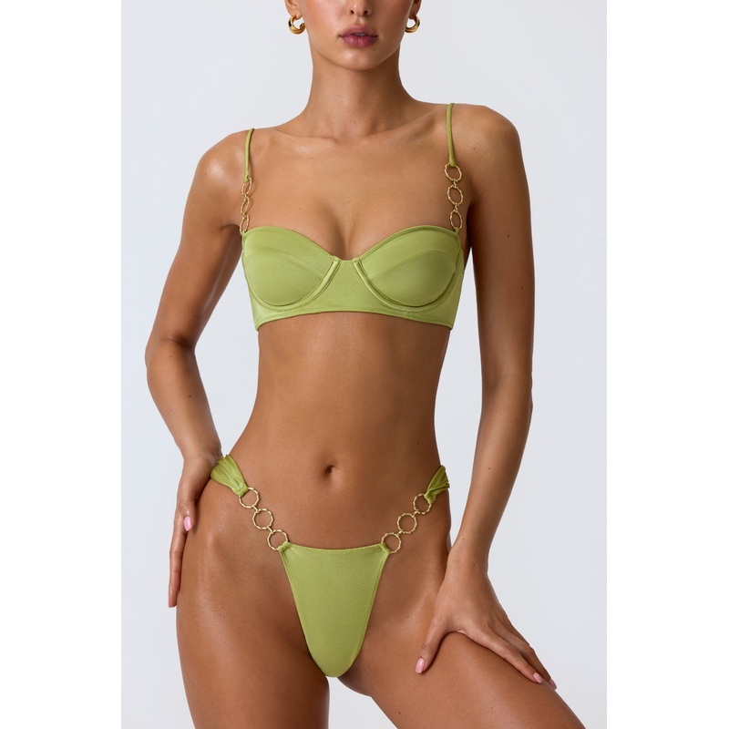 Embellished Wide Strap Cheeky Bikini Bottoms in Pear Green