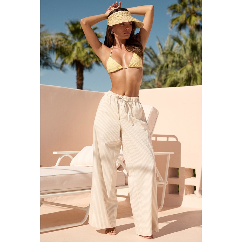Mid-Rise Wide-Leg Trousers in Light Taupe Stripe